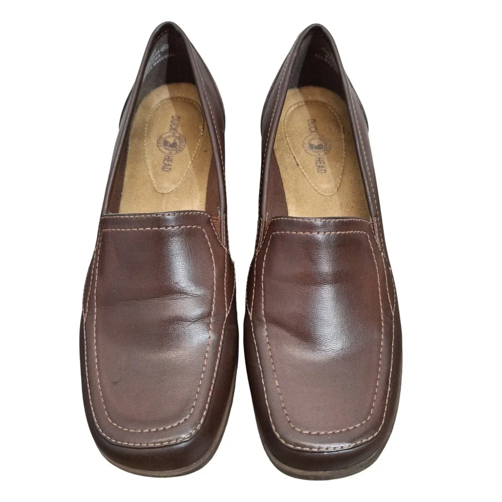 Duck Head Brittany Brown Block Heel Loafers Womens 7.5M Square Toe Slip On Shoes